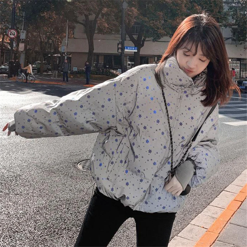 

Fluorescent fabric snowflake print cotton coat Women two-color short loose bread Jacket fashion winter Parka Female M156