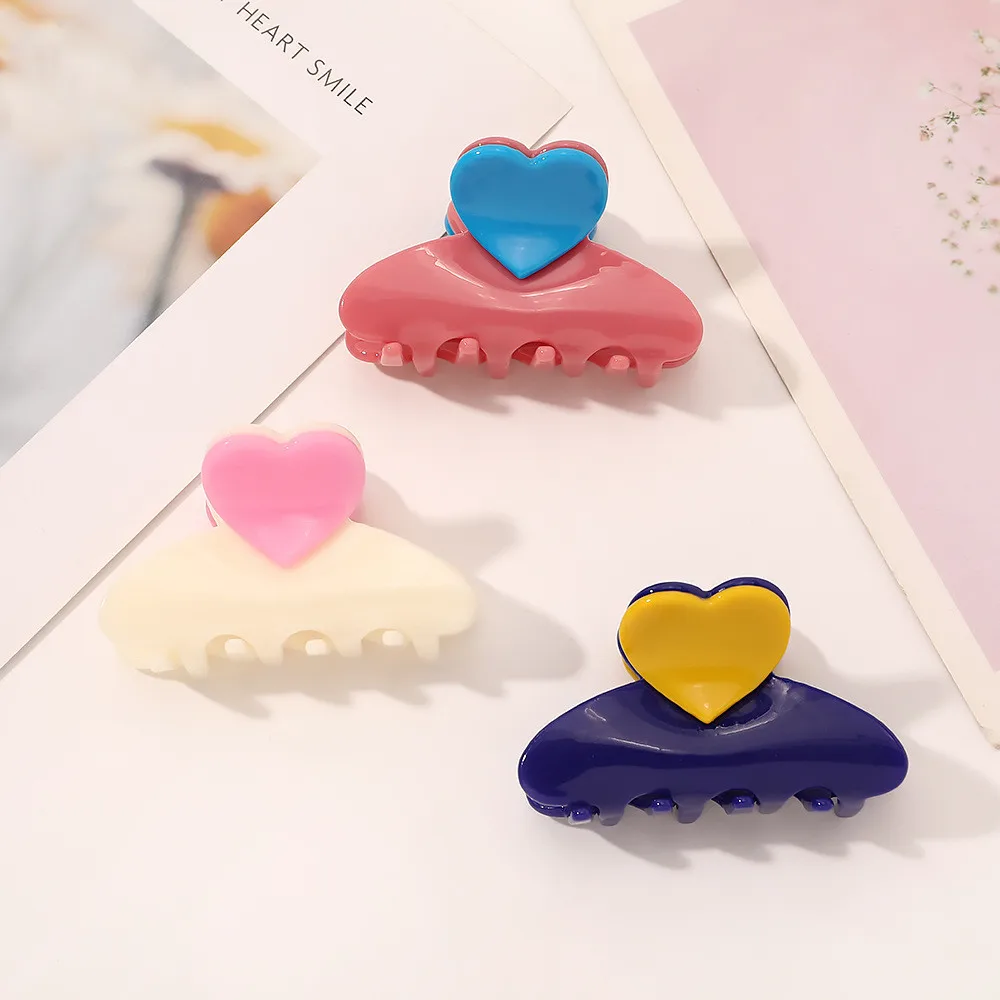 

Cute Small 2.2In Patchwork Hair Claw Clips For Women Girls Fairytale Candy Color Heart Hairpins 2021 Ponytail Hair Accessories