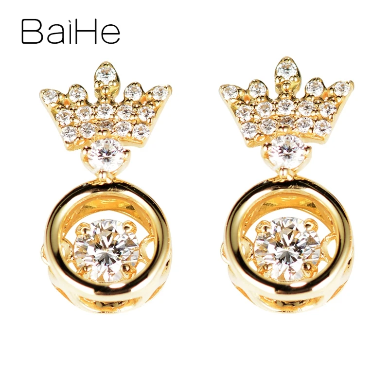 BAIHE Твердые 14 к желтое золото всего 0.30CT H/SI круглые натуральные бриллианты танцы Алмаз серьги Свадебные красивые короны серьги