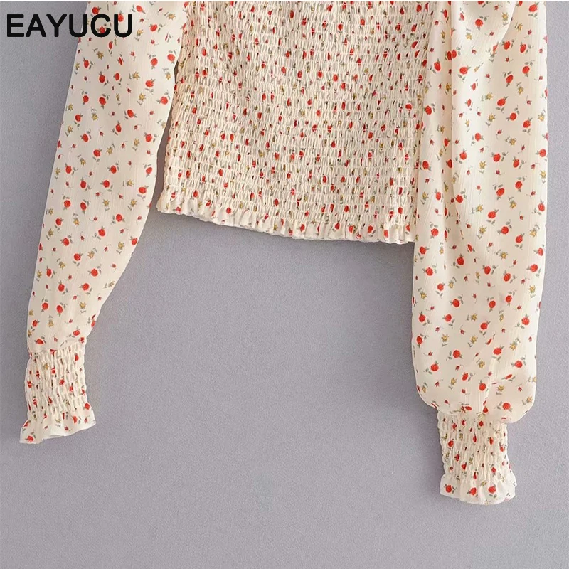 

EAYUCU 2020 Summer Floral Print Elegant Women Tops and Blouses Square Collar Ruffles Boho Beach Female Crop Tops ET030