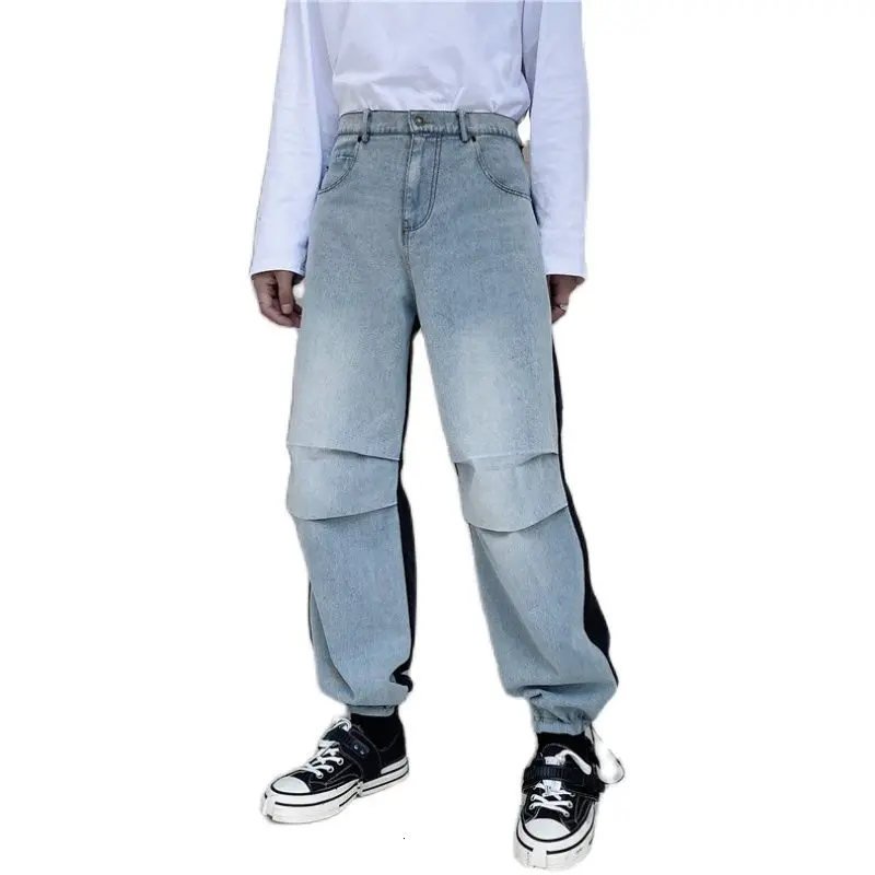 

IEFB Men's Wear Color Block Patchwork Work Clothes Jeans Loose Wide Leg Fold Leg Pants Male 2021 Spring New Pdenim Pants 9Y3754