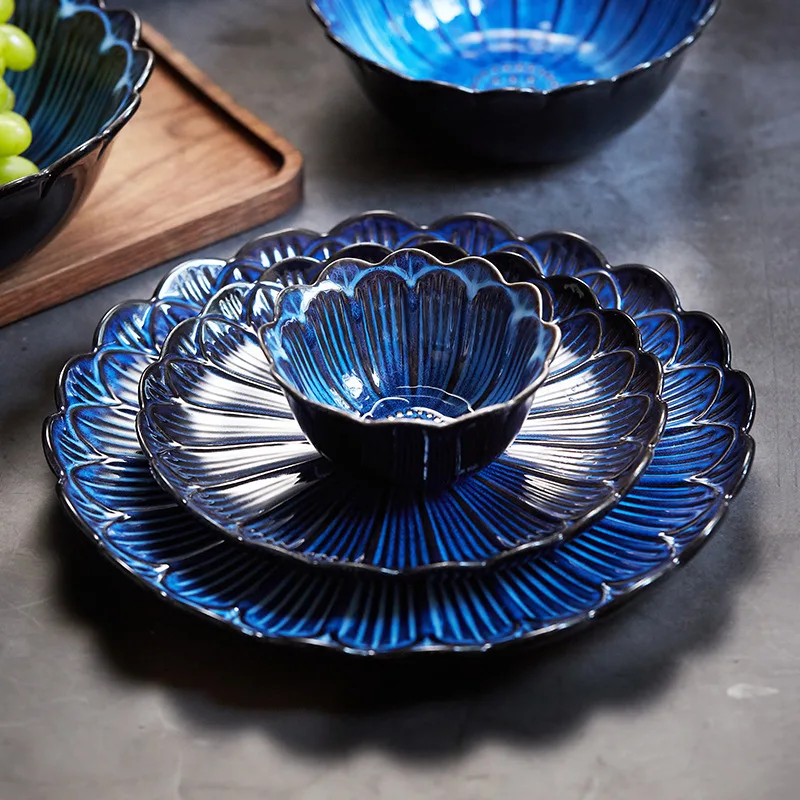 

Kiln-changing glazed lotus ceramic tableware creative relief pasta dish Western food steak dip