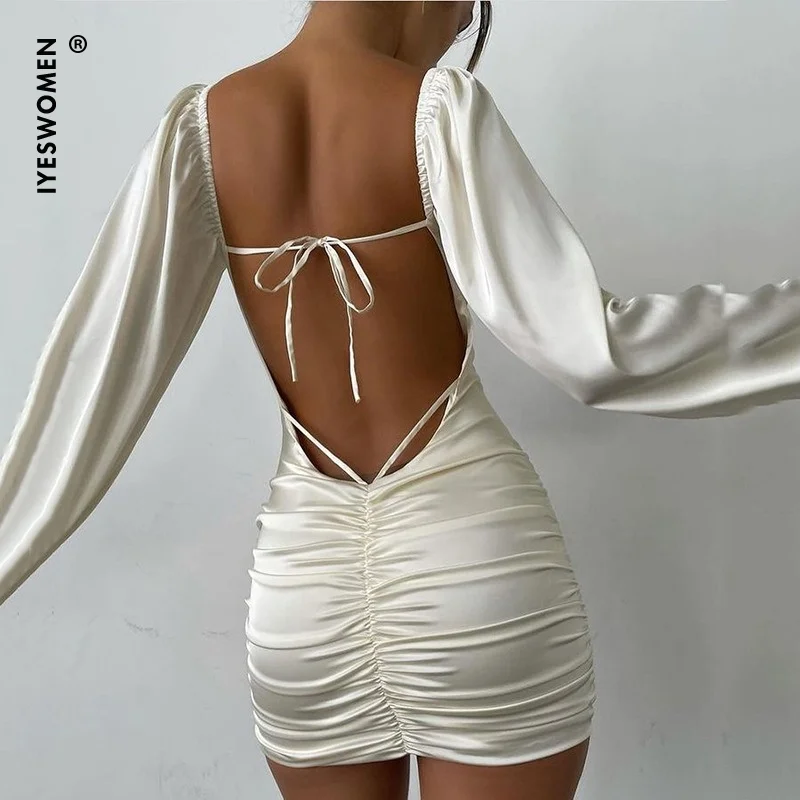 

IYESWOMEN Elegant Sexy Backless Bandage Mini Dress Women Fashion Club Party Ruched Lantern Sleeve Satin Dresses 2022 White Robe