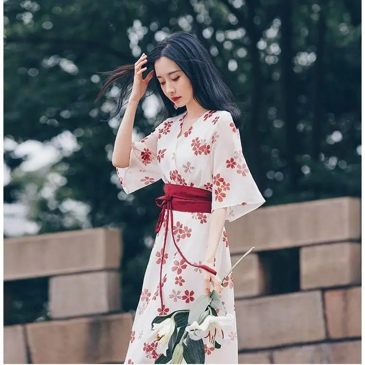 

Summer Japanese New Style Women'S Dress Harajuku Retro Floral Elegant Beach Suit Half Sleeve Lady Retro Thin Banquet Dress