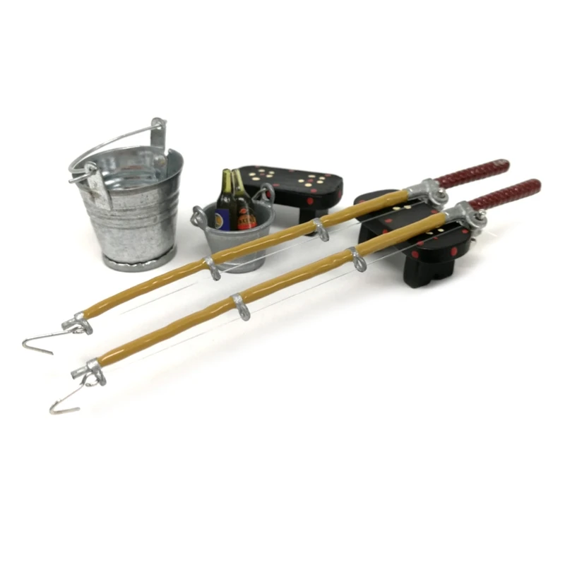 

1/12 Dollhouse Miniature Fishing Rod Hat Bucket Stool Model Doll Life Decoration Q6PD