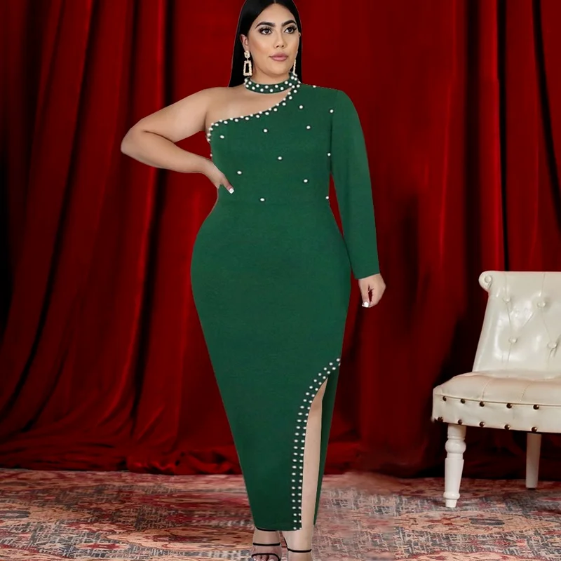 

Fall 2021 Women's Dress with Hanging Neck, One-shoulder, Long-sleeved Beaded Green Split Banquet Dress, Hip Skirt, Women's Dress