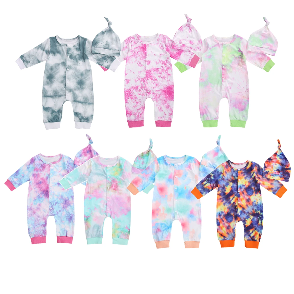 

Осенний комплект одежды для новорожденных мальчиков и девочек 2020, однобортный комбинезон с круглым вырезом и принтом красителя, комбинезон...