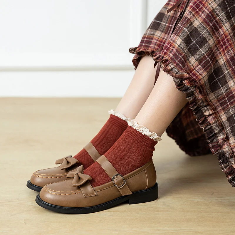 

QUTAA 2021 Bowknot Round Toe Sweet Female Shoes PU Leather Square Low Heels Spring Autumn Buckle Women Pumps Big Size 34-43