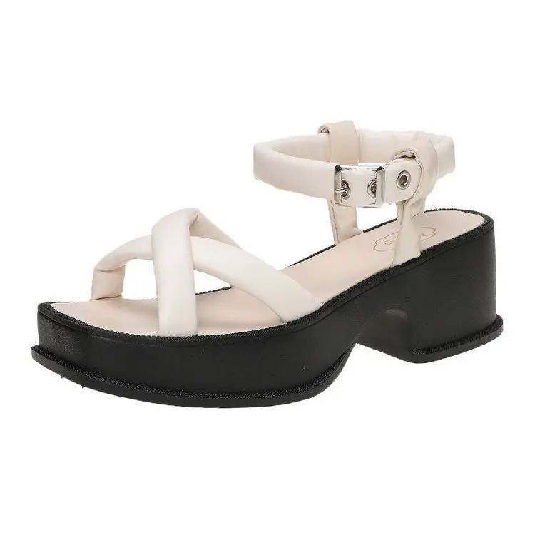 

2021 Sandals Velvet Shoes Block Heels Buckle Strap Suit Female Beige Cross Square Toe New Suede Chunky High Low Summer Girls Bla