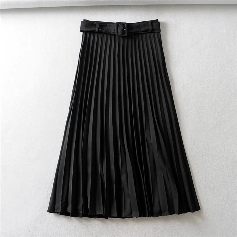 

HiloRill Women Pleated Skirt With Belt High Waist Elegant Vintage A-line Midi Skirts Female 2021
