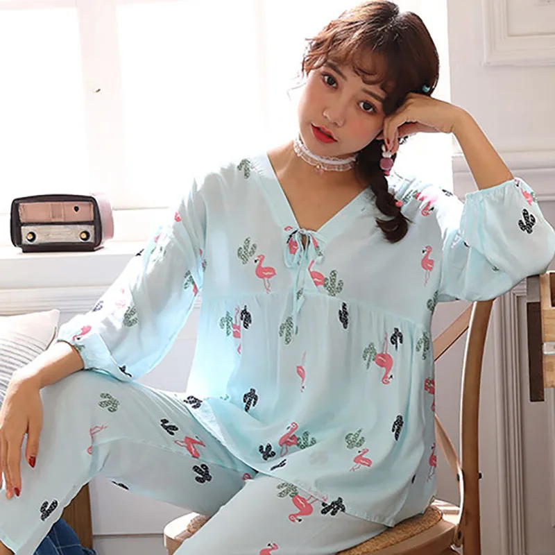 Женский пижамный комплект на осень с v-образным вырезом милая пижама принтом
