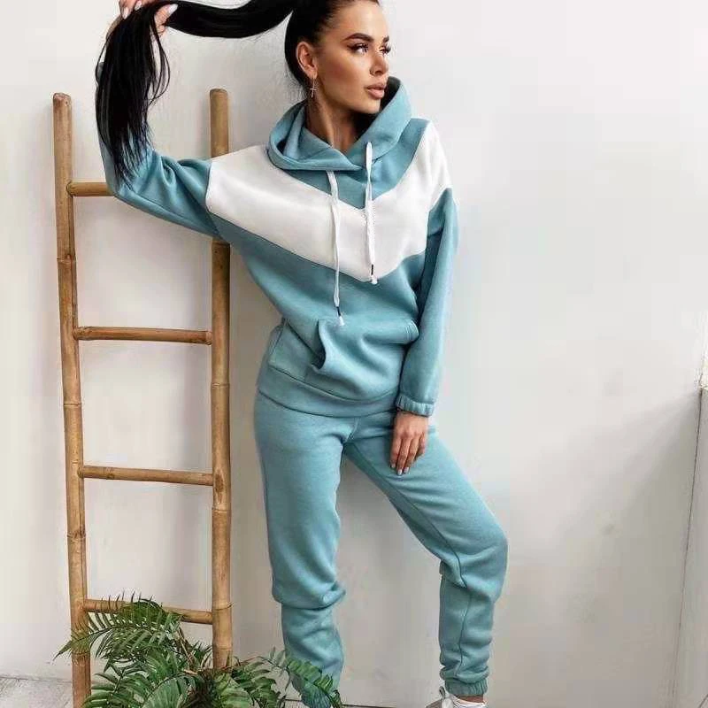 

Demaifashion Winter 2021 Long Trousers Hooded Sweatshirts PulloversTops 2 Pieces Set Women Tracksuit Sports Suits Cotton Pocket