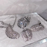 charm fashion silver color bling delicate feathers paved zircon necklace jewelry set for women ring earrings jewelry