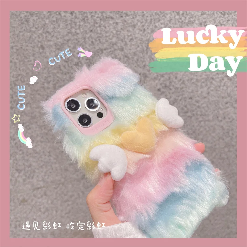 

3D Cute Love Rainbow Korea Furry Soft Phone Case For iPhone 13 12 11 Pro Max X Xs Max Xr 7 8 Puls Cases Winter Warm Plush Cover