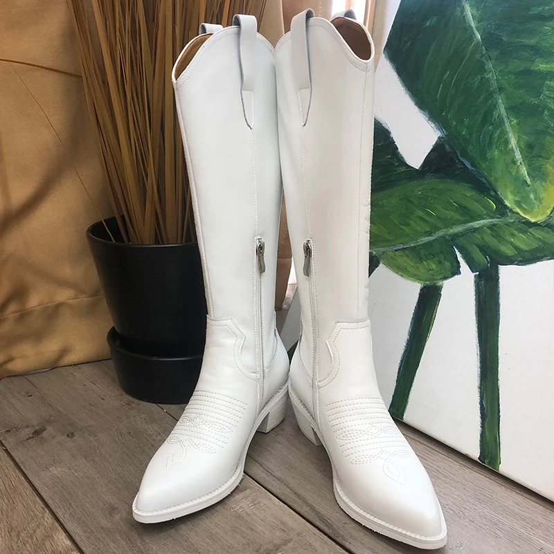 Женские ковбойские сапоги до середины икры Роскошные Дизайнерские Сапоги из