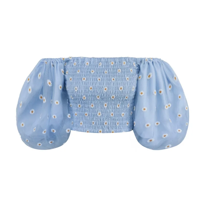 Женская сетчатая блузка Luzuzi летняя прозрачная с пышными рукавами и вышивкой на