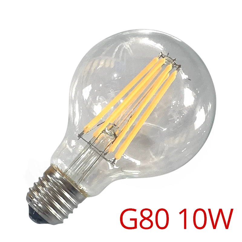 10W G80 Светодиодный светильник 110 В/220 В 8 Вт 10 Вт G125 G95 G80 A60 E27 Светодиодный светильник накаливания теплый белый ретро прозрачный светильник D95* H135mm - Испускаемый цвет: 10W G80