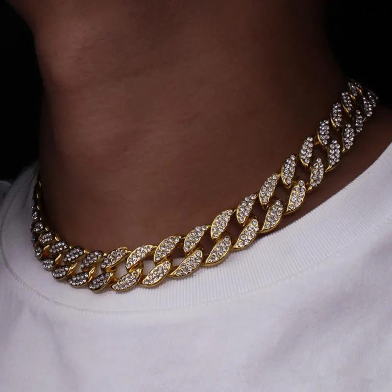 

16 diamonds Miami Curb Cuban Chain Necklace For Men Golden Silver Hip Hop Iced Out Paved Rhinestones Cz Rapper Necklace Man Jewe