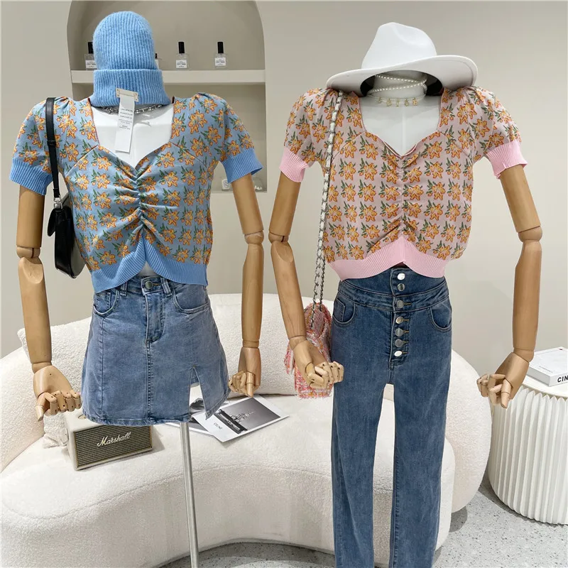 

Niche Design Women's Spring Summer 2021 Fashion Pleated Print Pullover Top Small Fresh Temperament Short Slim Knit Shirt