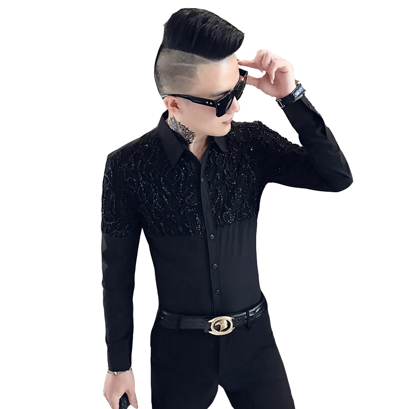 Мужская рубашка с длинным рукавом Camisa Masculina Повседневная приталенная кружевом