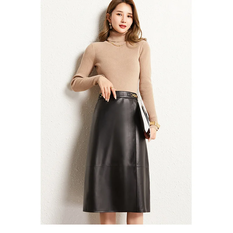 2022 Genuine Leather Skirt Autumn and Winter New High Waist Thin A-line Skirt G1