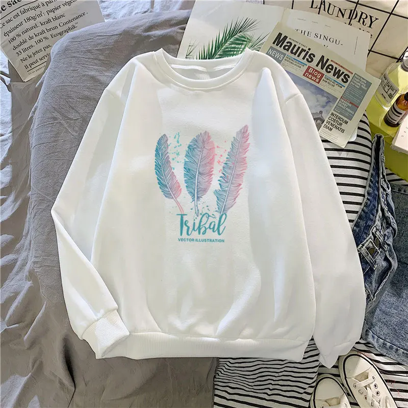 

2021 crop top women Sweatshirts Spring Autumn Fleece-Lined O-Neck hoodies New Korean Style Plant Print Students' Loose Coats