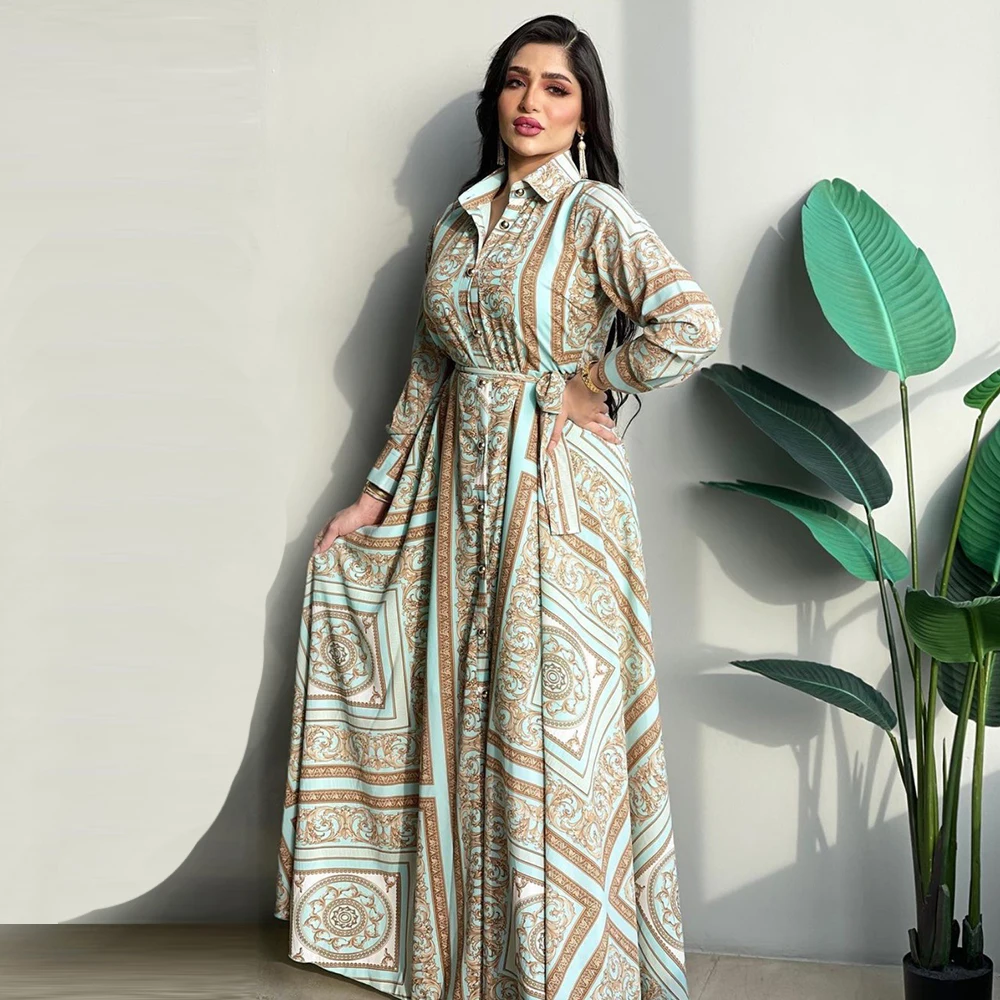 

Siskakia Long Shirt Dress for Women Fall 2021 Vintage Ethnic Print Dubai Turkey Arabic Oman Morocco Middle East Muslim Clothes