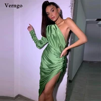 verngo fashion satin one shoulder prom party dresses long sleeve pleats side slit tea length sexy evening gown 2021
