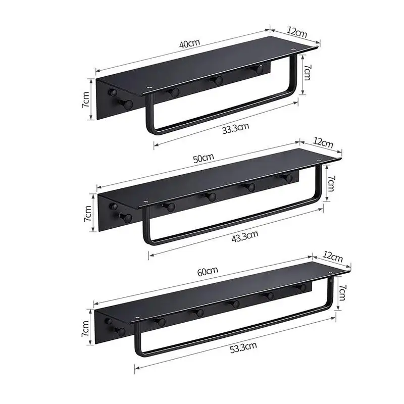 

Nail Free Space Aluminum Bathroom Shelf Black Bathroom Shelves Rack with Hooks Wall Mounted Corner Multifunction Shelf