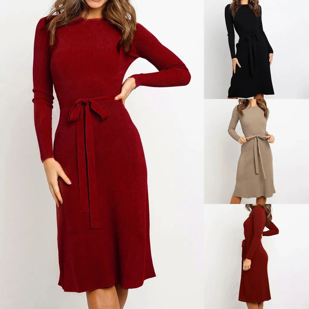 Женское трикотажное платье-свитер с длинным рукавом средней длины | Женская