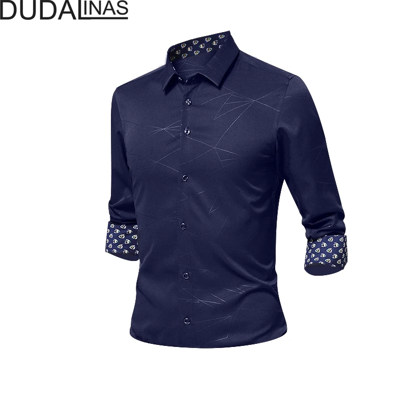 

Dudalinas Мужская рубашка 2021 модная брендовая одежда мужские Рубашки повседневные приталенные рубашки с геометрическим рисунком и длинным рук...
