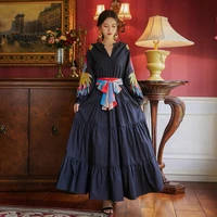 2021 new fall muslim arabian oman clothing cotton dress chic floral embroidered long sleeve navy robe femme elgant maxi dresses