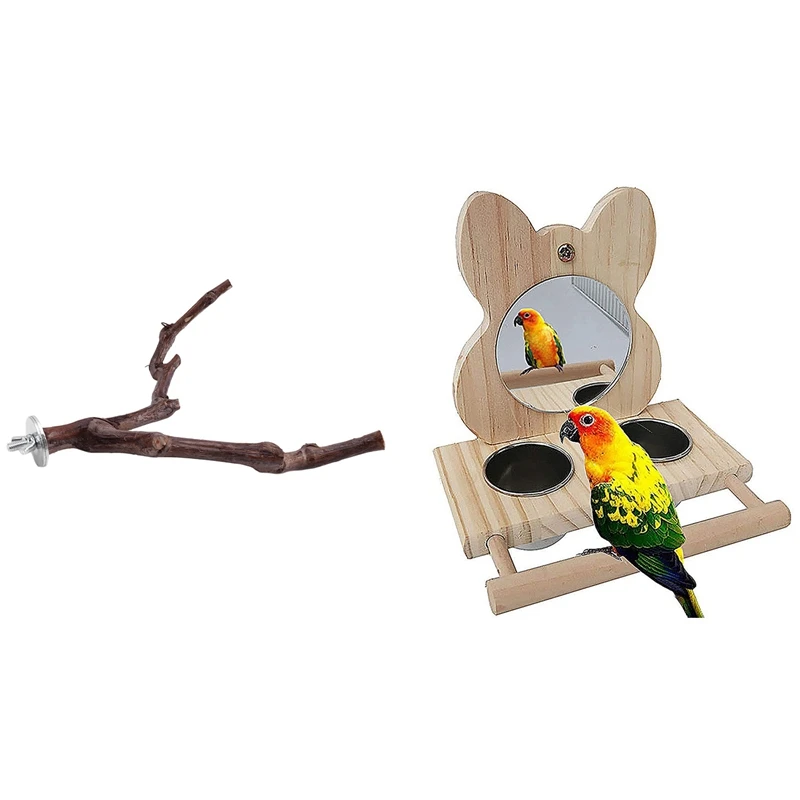 

1 Pcs Pet Parrot Bird Standing Stick Wild Grape Wood Pole & 1 Pcs Parrot Mirror Toy, With Stainless Steel Feeding Cup