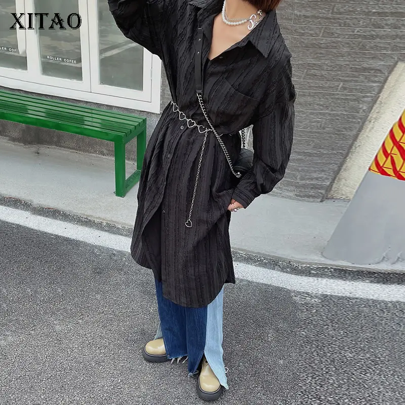 

XITAO Women Casual Shirt Dress Black New Simplicity Loose Single Breasted Long Shirt Dress 2021 Sprint Autumn All-match GWJ1076