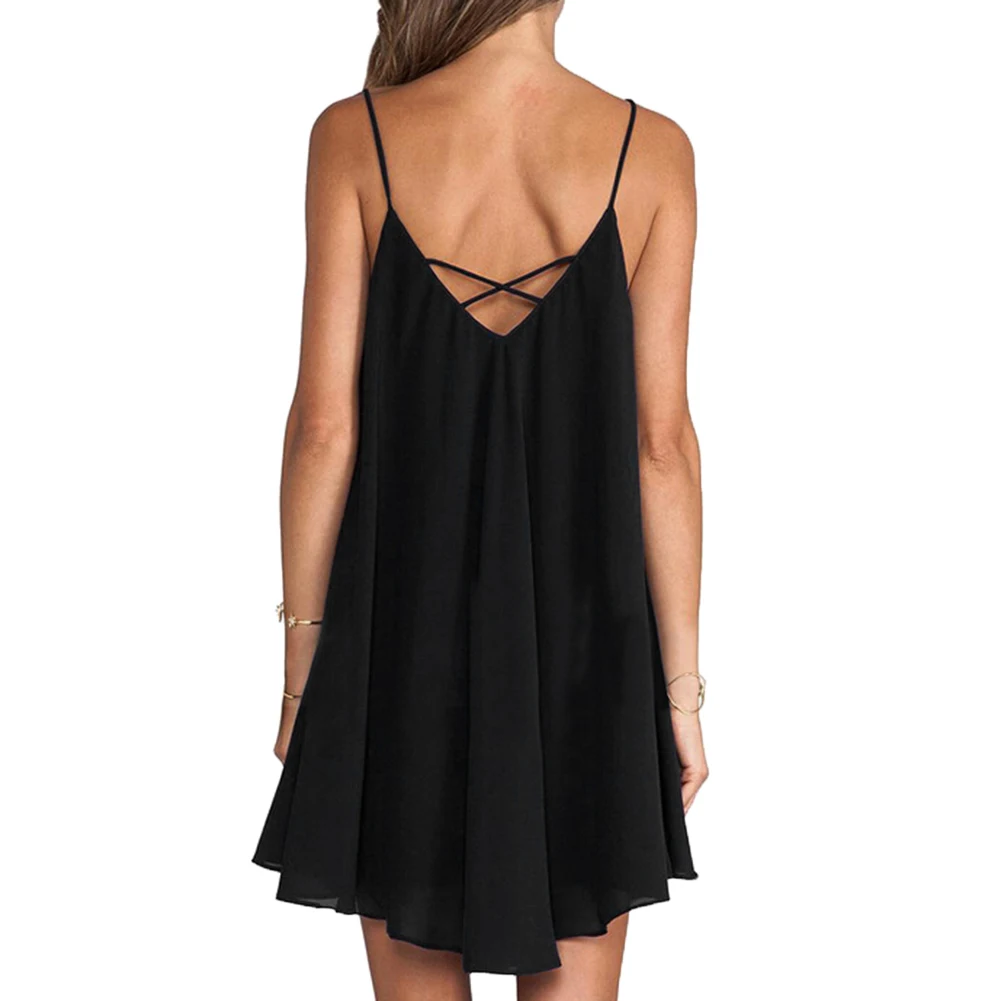

Casual Women Solid Colors Cross Back V Neck Irregular Hem Loose Mini Sling Dress Women's solid color sleeveless sexy dress