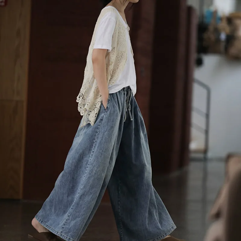 

women's plus size cotton jeans vintage autumn winter loose wide leg pants with pocket elastic waist denim trousers streetwear