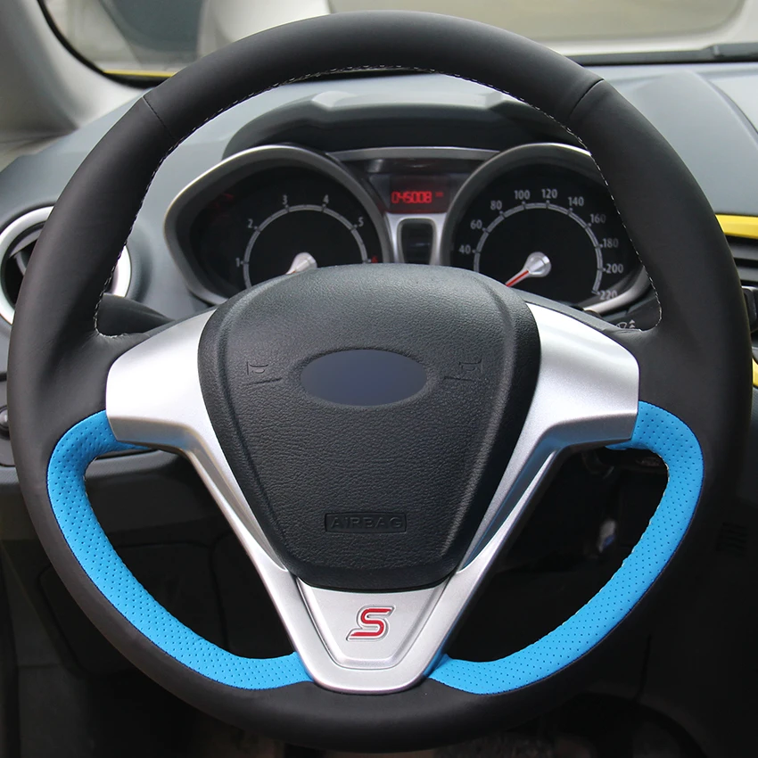 

Black Leather Light Blue Leather Car Steering Wheel Covers for Ford Fiesta 2008-2013 Ecosport 2013-2016 auto Steering Covers