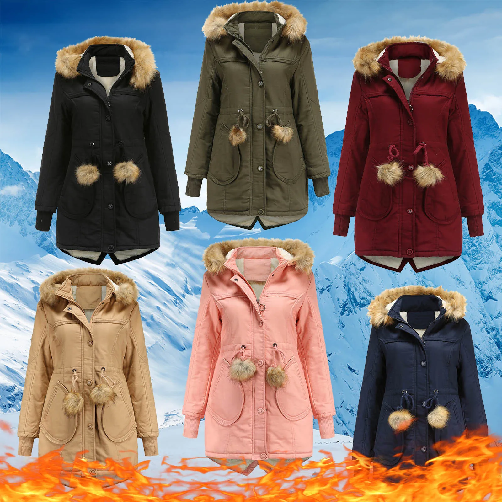 Женская зимняя однотонная парка средней длины с флисовой съемной шапкой и