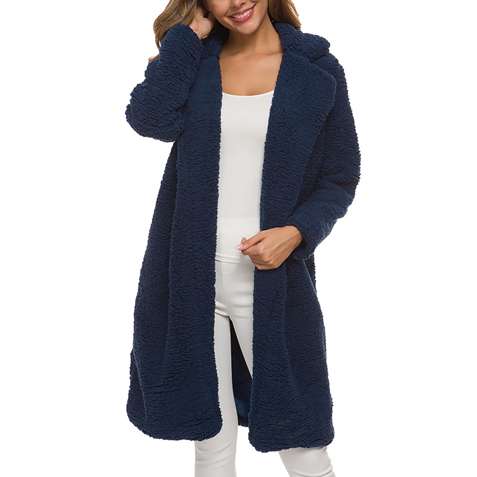 

Fashion Women Solid Colors Long Sleeve Wool Open Front Plush Fleece Coat Winter Warm Faux Fur Long Jacket Overcoat Chaqueta#g3