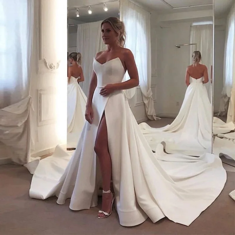 

Simple Strapless Satin A Line Front Split Backless Bridal Gowns Wedding Dress