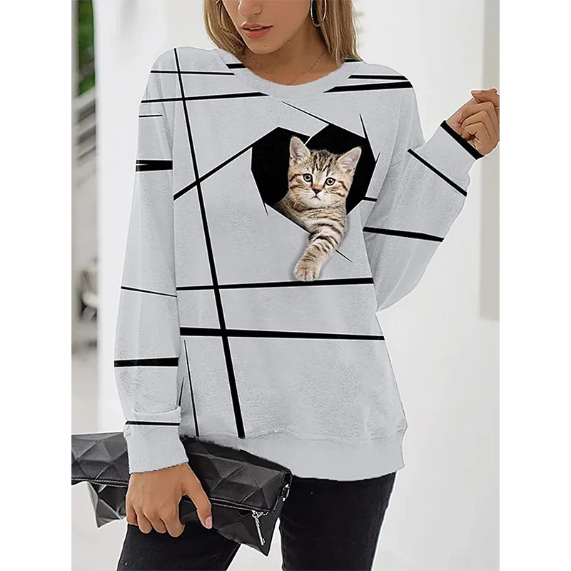 

Vintage Streetwear Gray Cat Print Sweatshirt Women Oversized Loose Casual Hoodies Long Sleeve O Neck Fashion Clothes Fall 2021