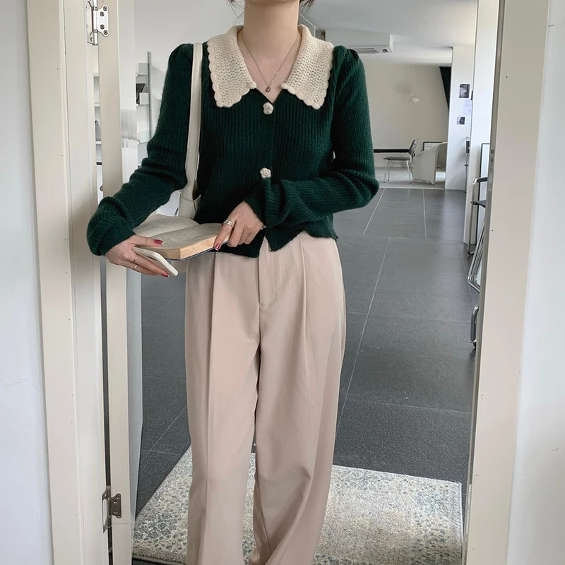 Korean Autumn Dark Green Knitted Short Cardigan Sweater Women Elegant Slim Knit Outerwear Female Full Sleeve Flower Buttons images - 6