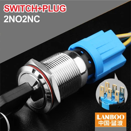 Button Plug 2NO2NC LANBOO 19 мм 1NO1NC/2NO2NC 2 позиционный вставной переключатель с кнопкой ключа - Цвет: Button Plug 2NO2NC