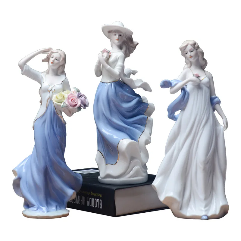 

European Ceramic Beauty Figurine Home Desktop Furnishing Crafts Decoration Western Lady Girls Porcelain Handicraft Ornament Wed