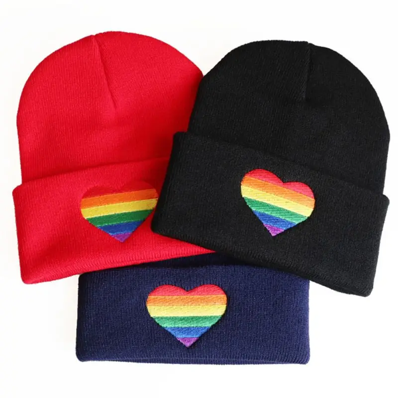 

Unisex Rainbow Heart Embroidery Knitted Hat Winter Autumn Pride Beanie Cap