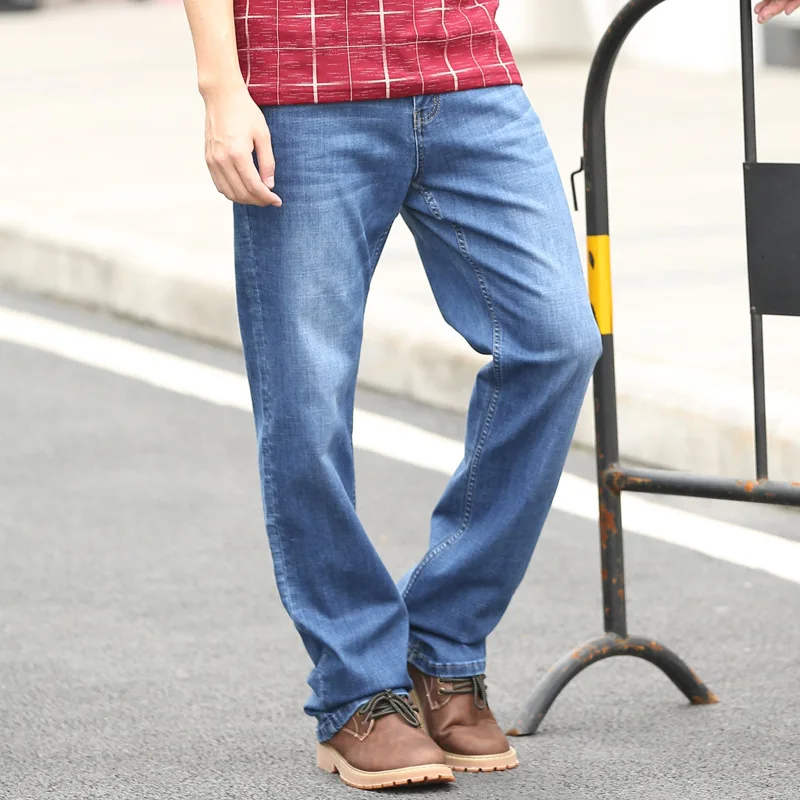 Men Jeans Straight Baggy Large Size Business Casual Washed Elasticity Denim Pants Hip Hop Skateboarder Blue Wide Leg Trousers