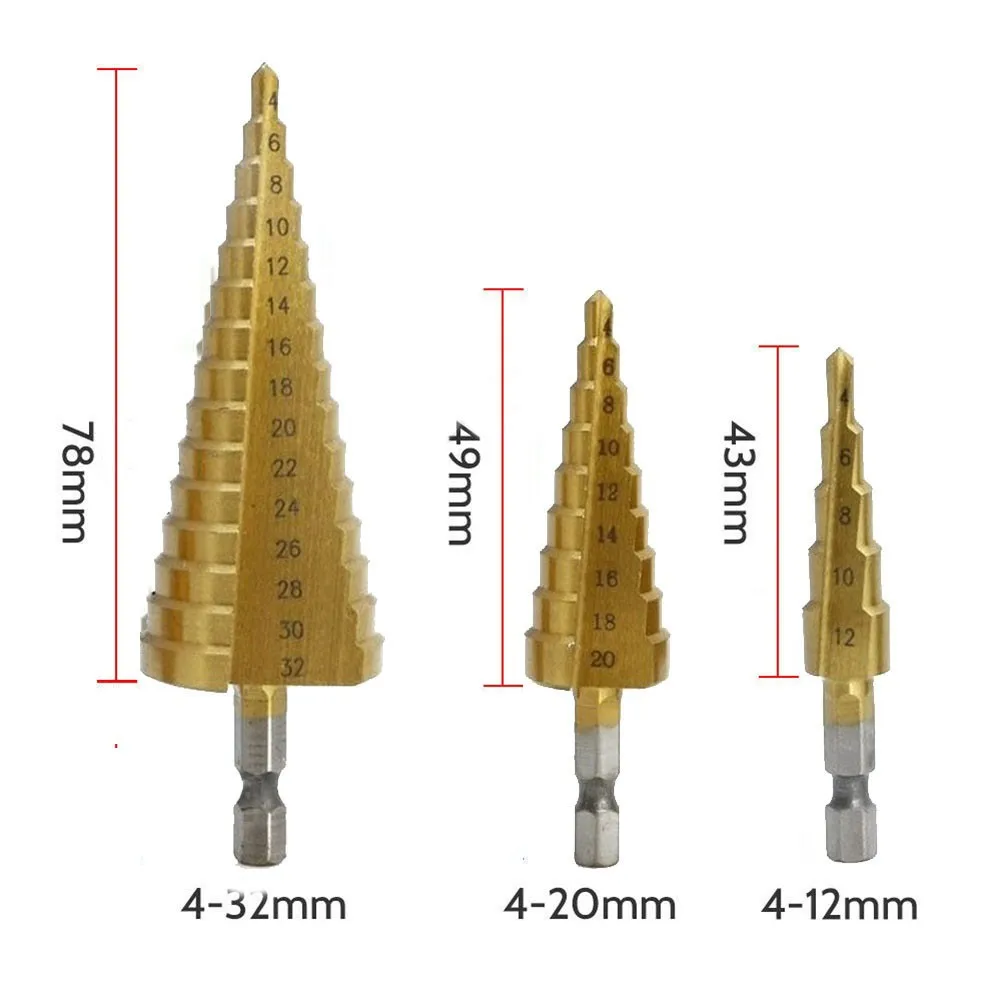 

1 шт. быстрорежущая сталь ступенчатое Коническое сверло 4-32 мм 4-20 мм 4-12 мм титановое сверло для сверления электроинструменты металлическое дерево резак для отверстий