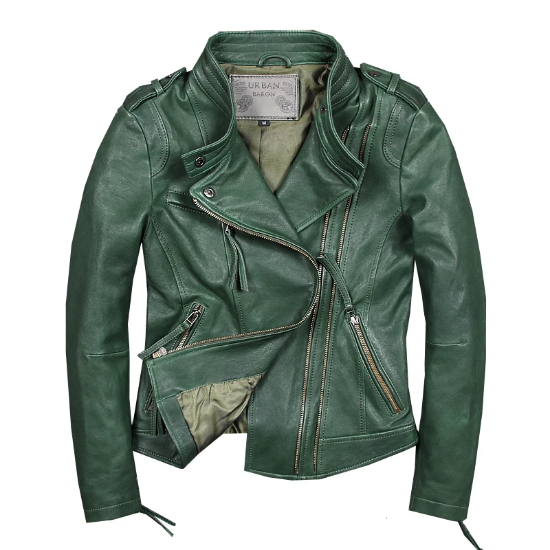 Womens Genuine Leather Jacket Real Sheepskin Motorcycle Jackets Coats Casual Slim Green Autumn Winter jaqueta de couro Clothes