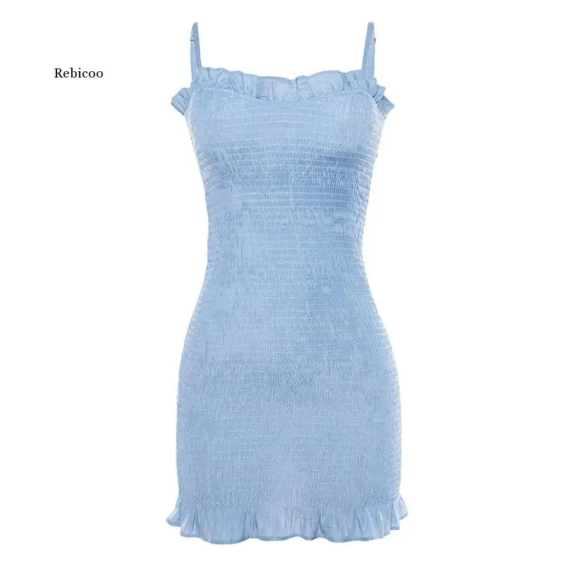 

2021 Summer Fashion Women's Blue Sling Strapless Wooden Ears Folds Hip Party Club Dress Skirt