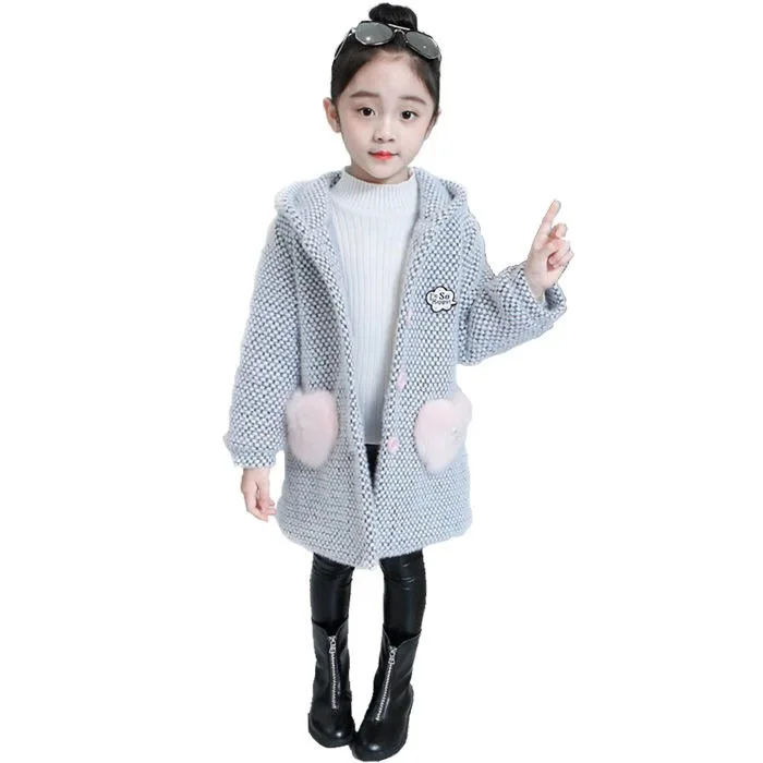 

Autumn Winter Knitting for Girls Warm Long Fur Girls Winter Jacket 3-12 Years Teenage Outerwear Coat Children Snowsuit